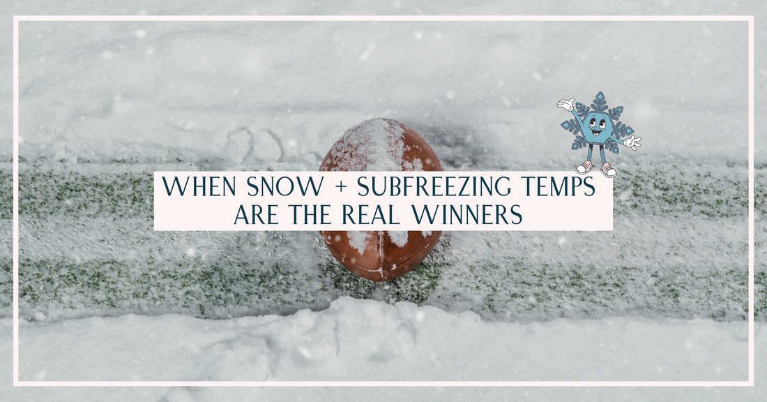A football dusted with snow rests on a snowy field, symbolizing finding gratitude and joy in cold, messy, and unexpected moments.