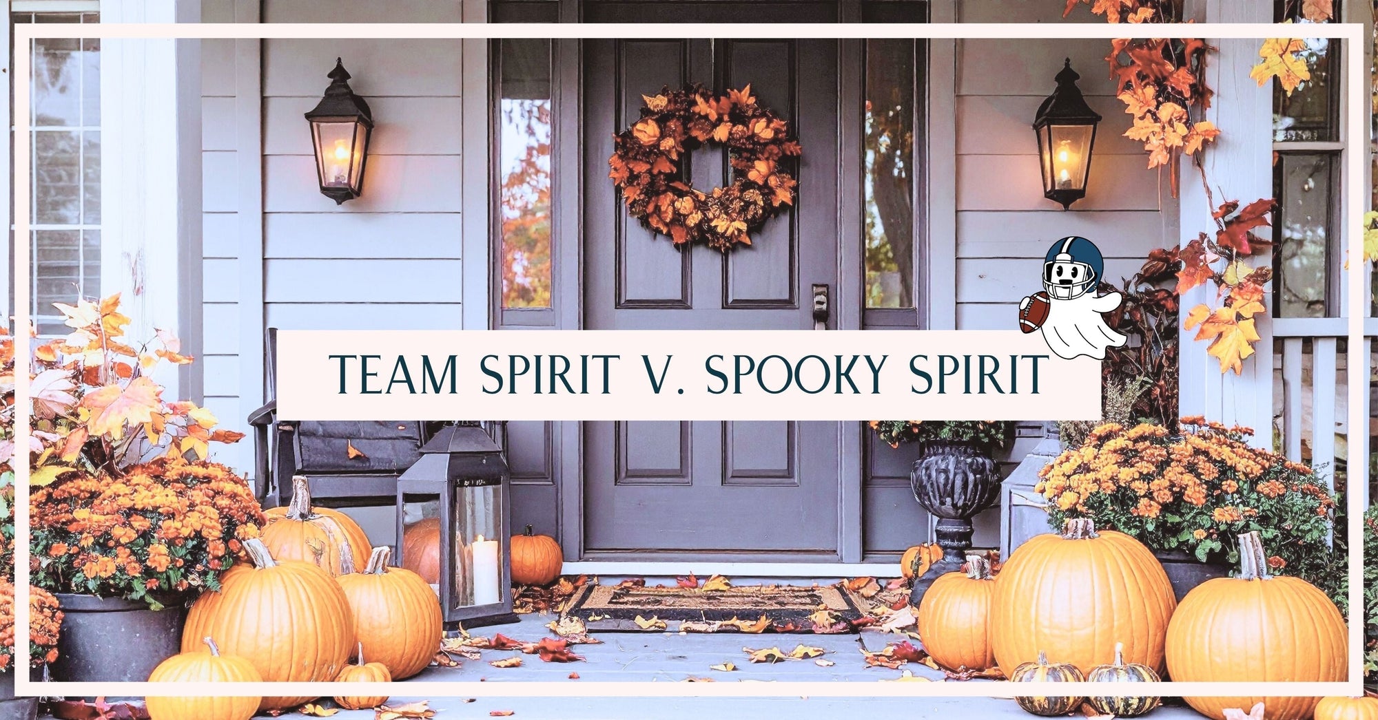 Front porch decorated for fall with pumpkins, mums, and a football-themed ghost graphic for Millie Lily Belle’s ‘Team Spirit vs. Spooky Spirit’ blog post