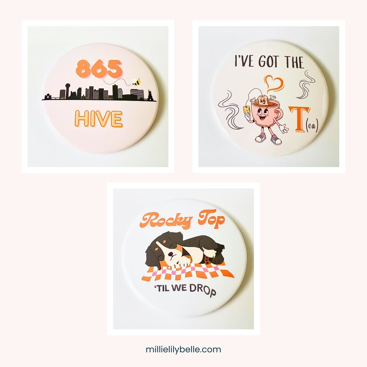 3-inch Tennessee gameday button pins in orange and white on a neutral background