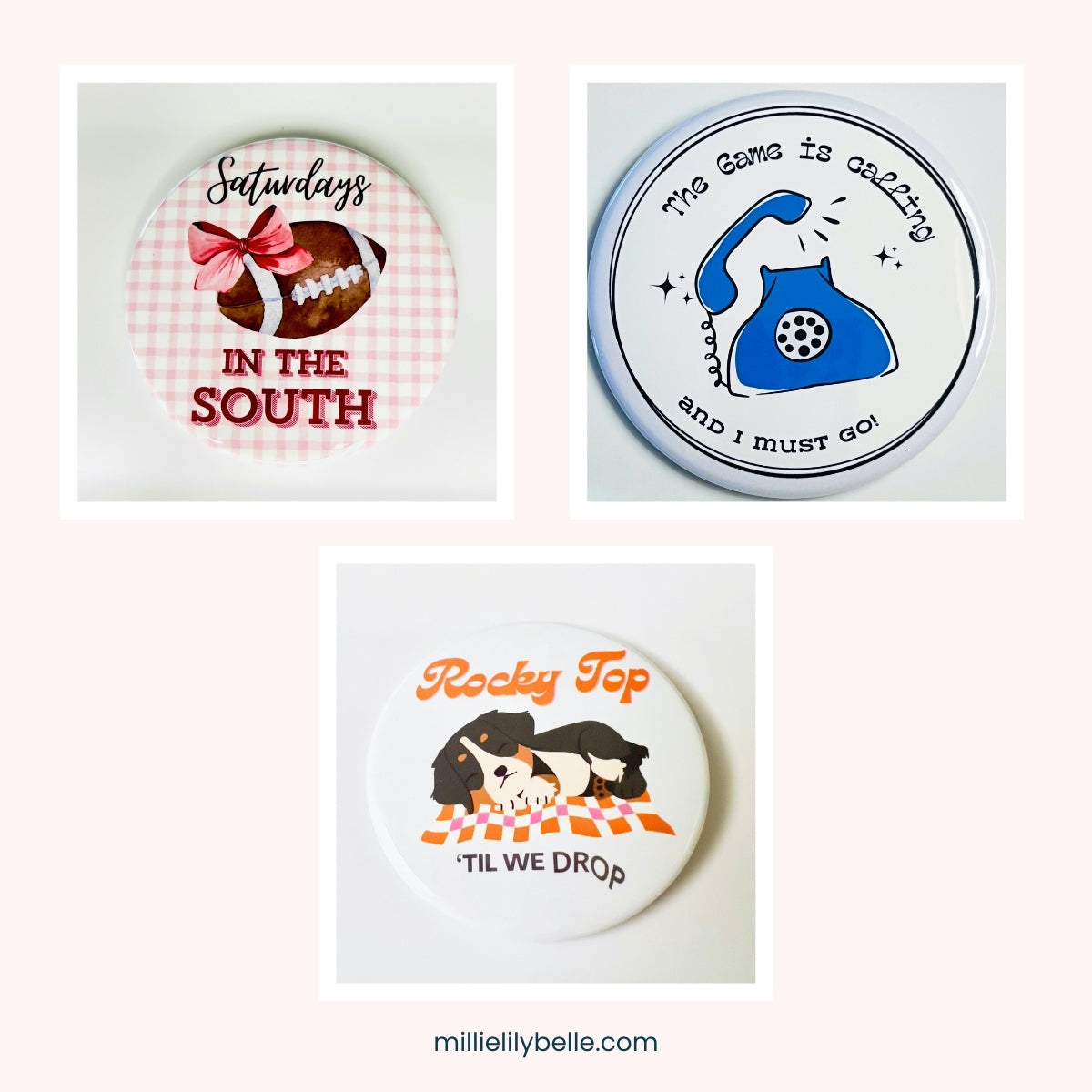 3-inch gameday button pins in blue, orange, and crimson on a neutral background