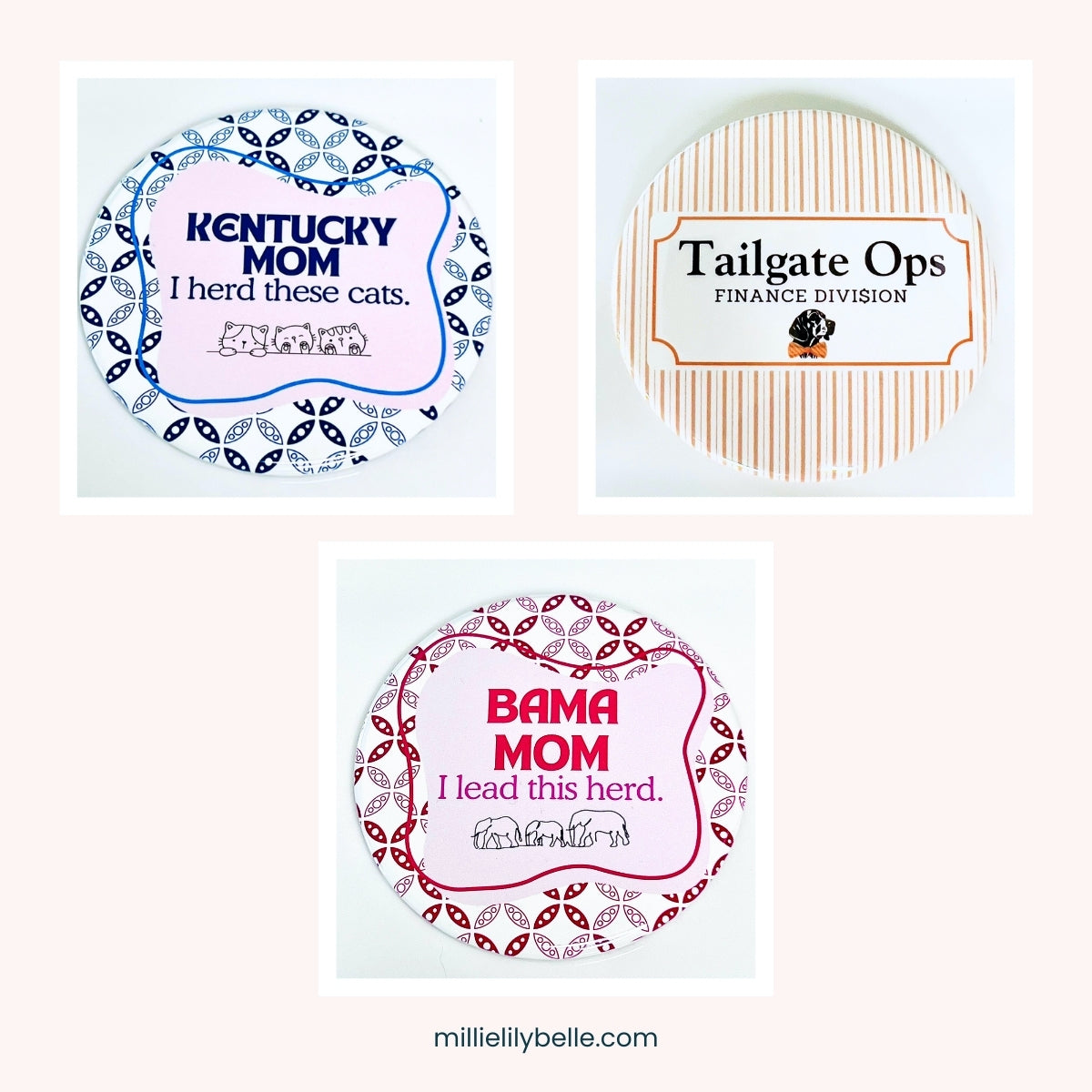 3-inch parents gameday buttons in assorted school colors on a neutral background