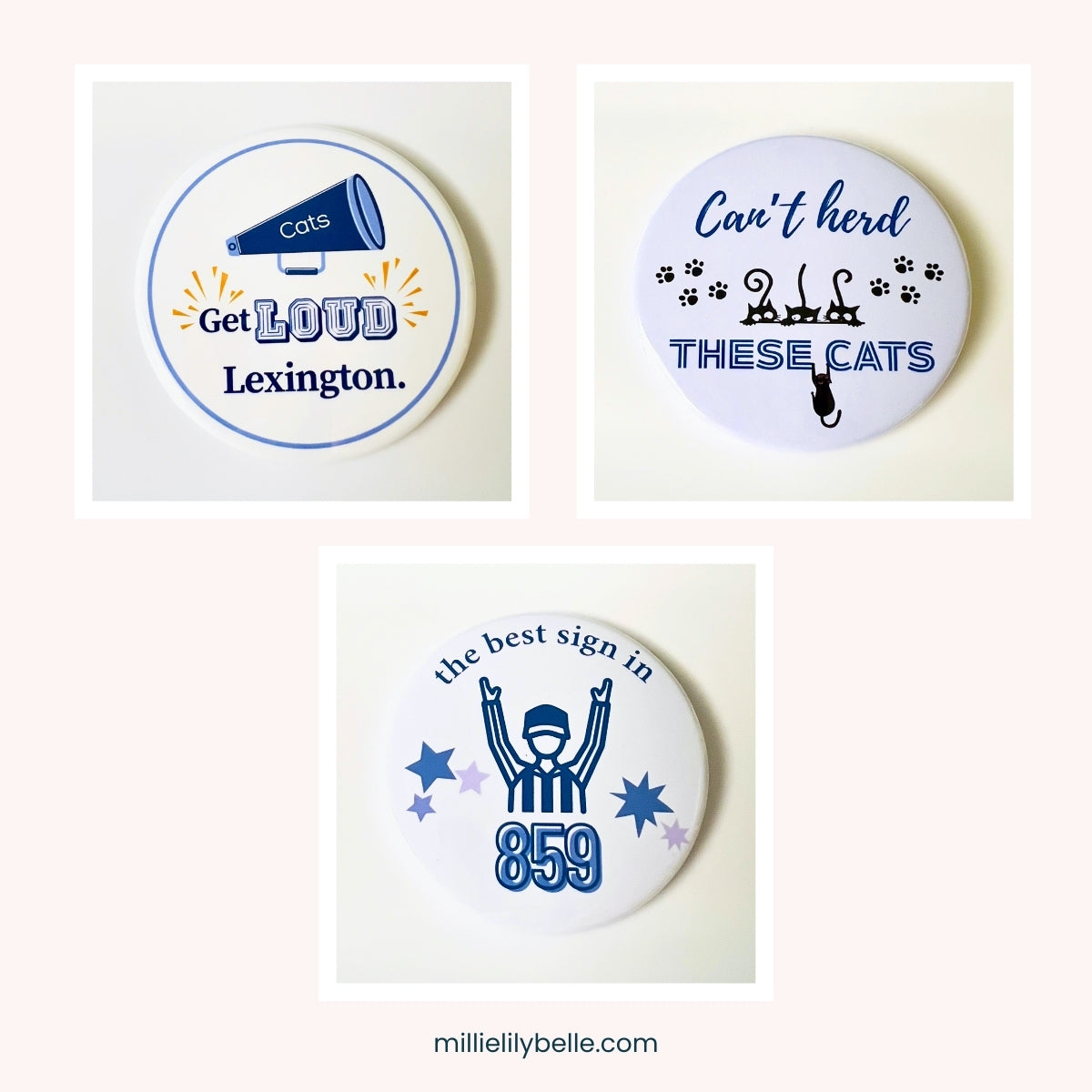 3-inch Kentucky gameday button pins in blue and white on a neutral background