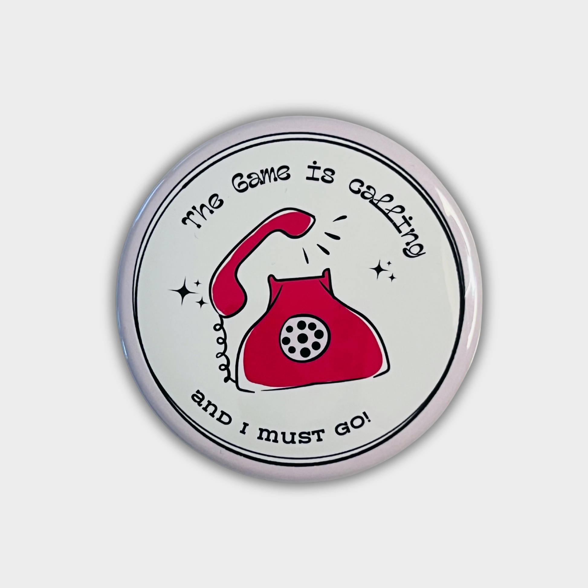 Round button with red phone illustration and text on a light gray background
