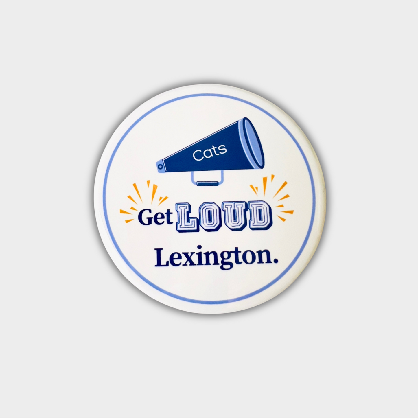 Round button with a megaphone and text 'Get LOUD Lexington' on a light gray background