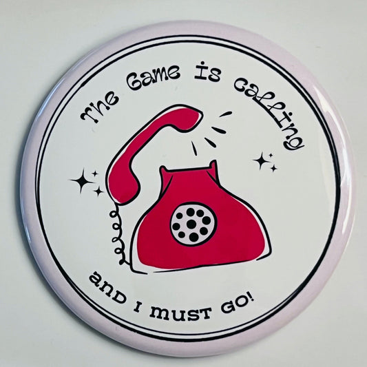 Circular button with red phone illustration and text on a white background