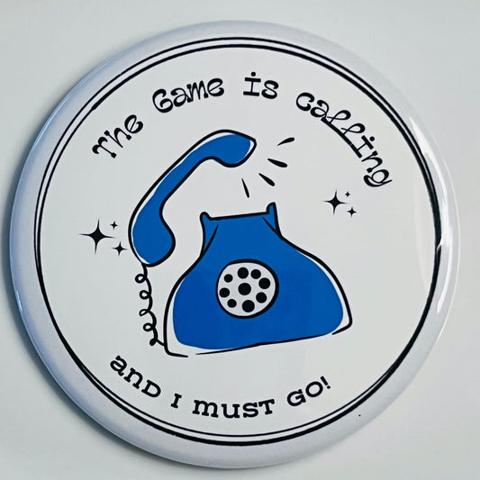 Round button with blue phone illustration and text on a white background