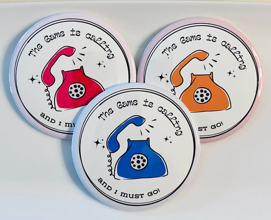Three coasters with colorful phone illustrations and text on a white background