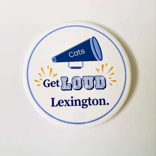 Button with 'Get Loud Lexington' text and megaphone graphic on a white background