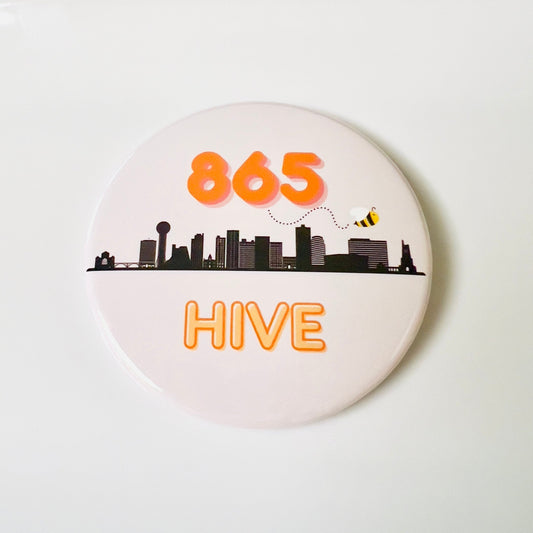 Button badge with '865 Hive' text and Knoxville skyline design on a white background
