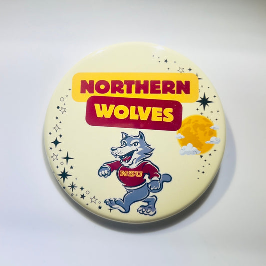 Round button with 'Northern Wolves' text and football wolf graphic