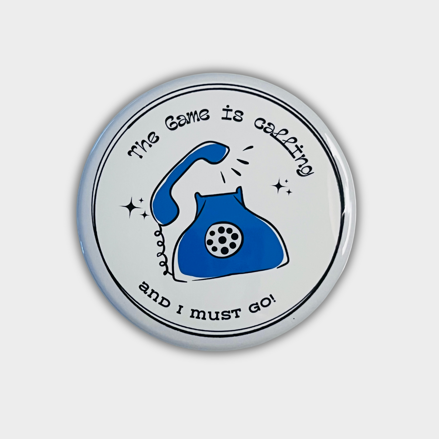 Round button with blue phone illustration and text on a light gray background