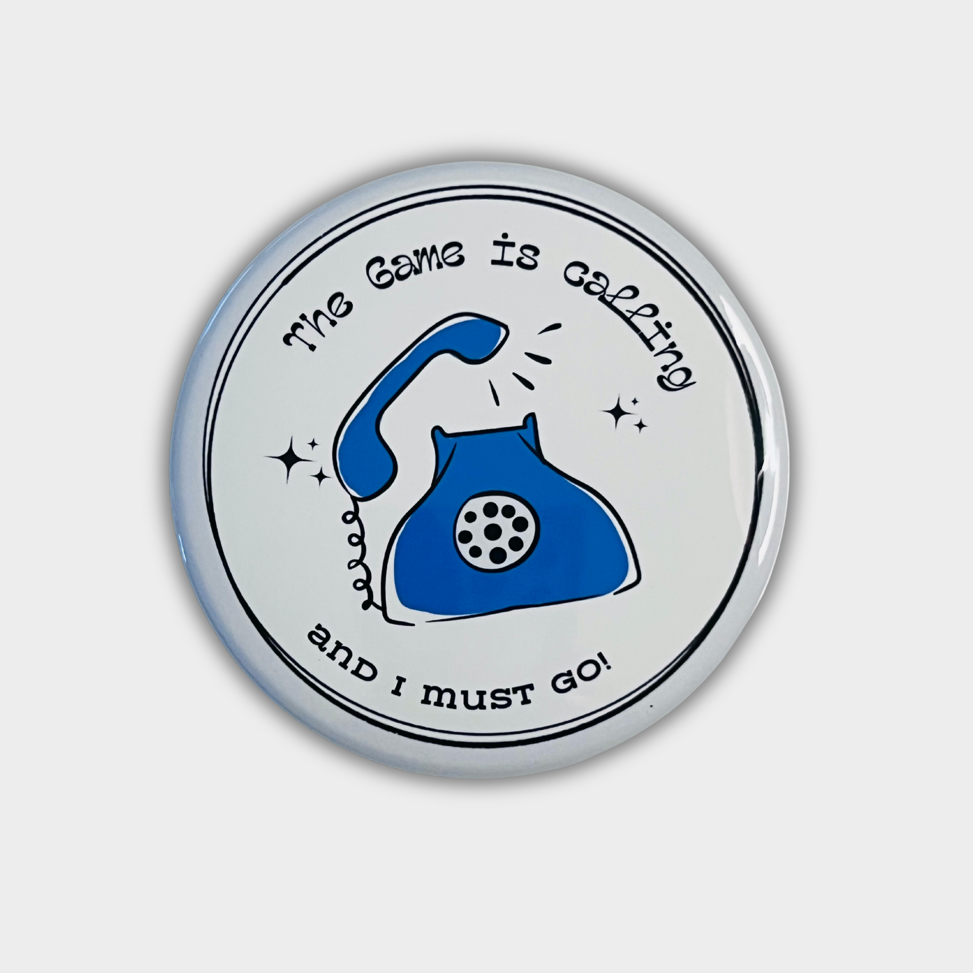 Round button with blue phone illustration and text on a light gray background