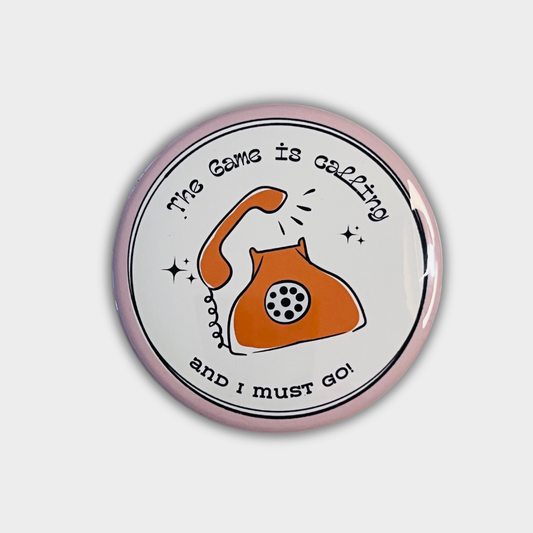 Round button with orange phone illustration and text on a white background